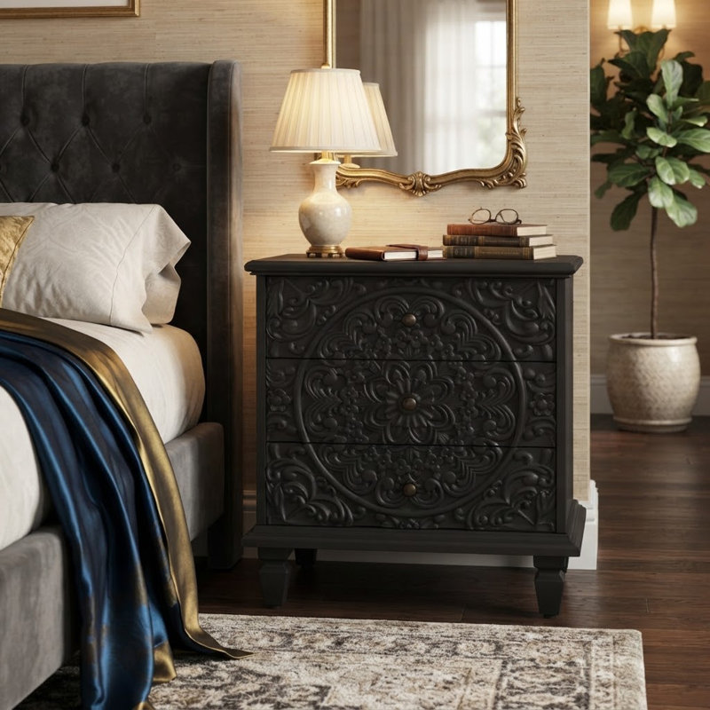 Table de chevet en bois sculpté à 3 tiroirs, commode décorative à volutes rétro, table de chevet pour chambre à coucher ou salon