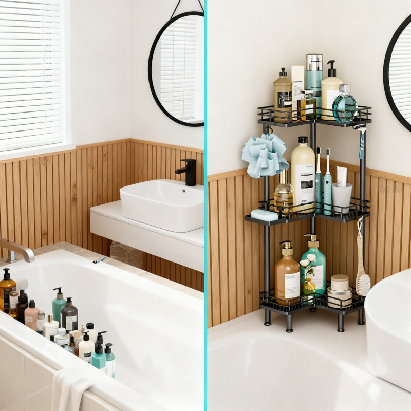 Corner Shower Caddy With 3 Tiers, Rustproof Shelves And Hooks For Bathroom Storage