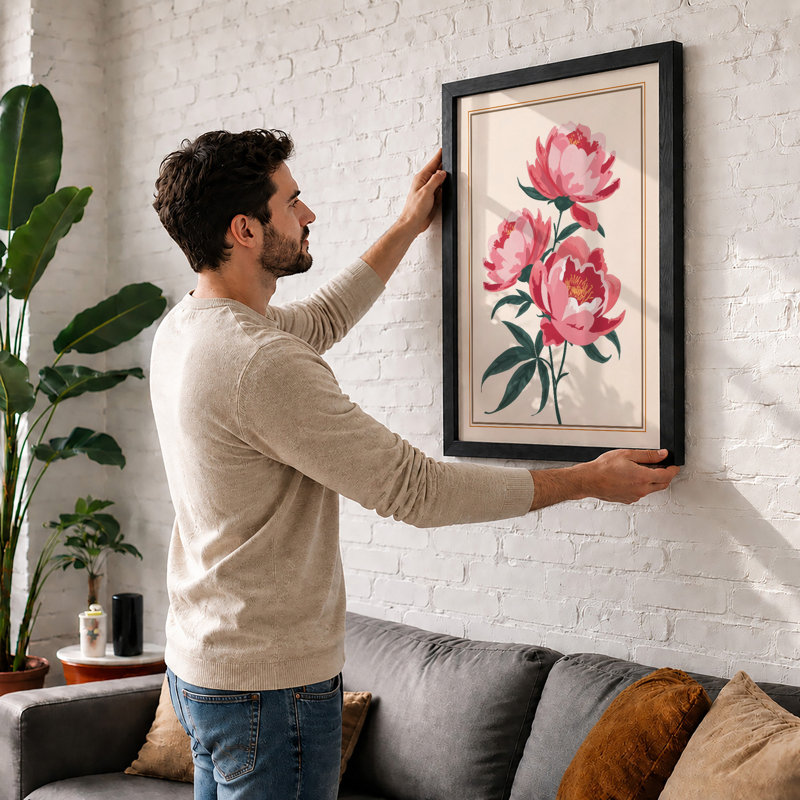 Pink Peonies Botanical - Framed Print, A2 - 59.4 x 42.0 cm, White