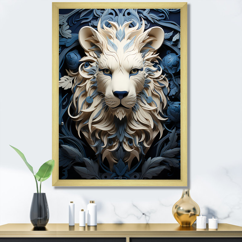 Lions monochromes gardiens encadrés sur toile, H 40 po x l 30 po x P 1,5 po, Cadre doré simple