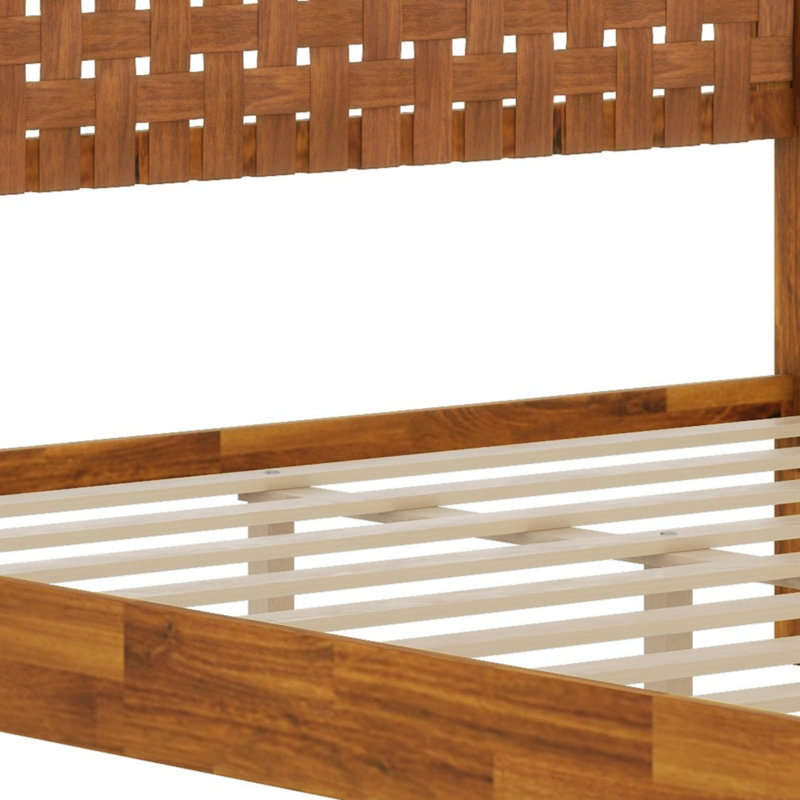 Lit en bois de style Mid-Century intemporel avec tête de lit tissée à la main, Grand lit, Caramel