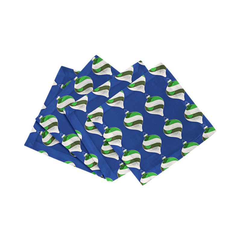Xmas Ornament Cotton Sateen Cocktail Napkins, Blue