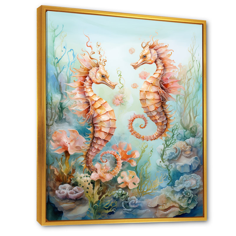 «Watercolor Sea Dragons Dance» sur toile, Cadre flottant doré, H 32 po x l 16 po x P 1 po