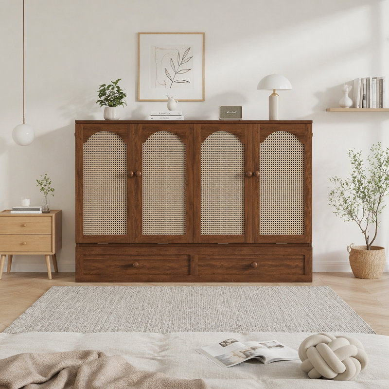 Queen Size Murphy Bed, Pine Wood Cabinet Bed with Power Station and Rattan Decoration Panel, Space Saving Foldable Wall Bed No Box Spring Needed for Apartment Guest Room Home Office