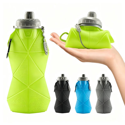 Bouteille d'eau portable en silicone pliable, étanche et réutilisable, avec poignée de transport, tasse de voyage pliable, écologique et verte.