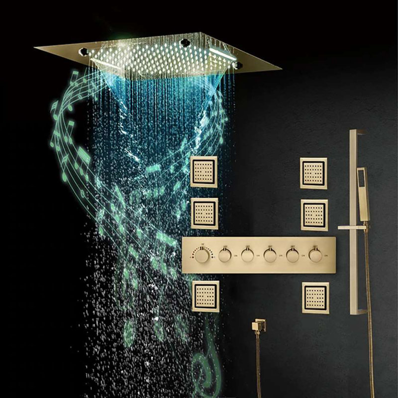 Dijon Thermostatic Phone controlled Musical Recessed Ceiling Mount Rainfall Mist Waterfall Shower System with Jetted Body Sprays and Hand Shower
