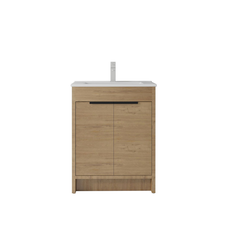 Meuble-lavabo autoportant de 30 po avec lavabo, tiroir en céramique, contreplaqué, chêne, Chêne, L 30 po