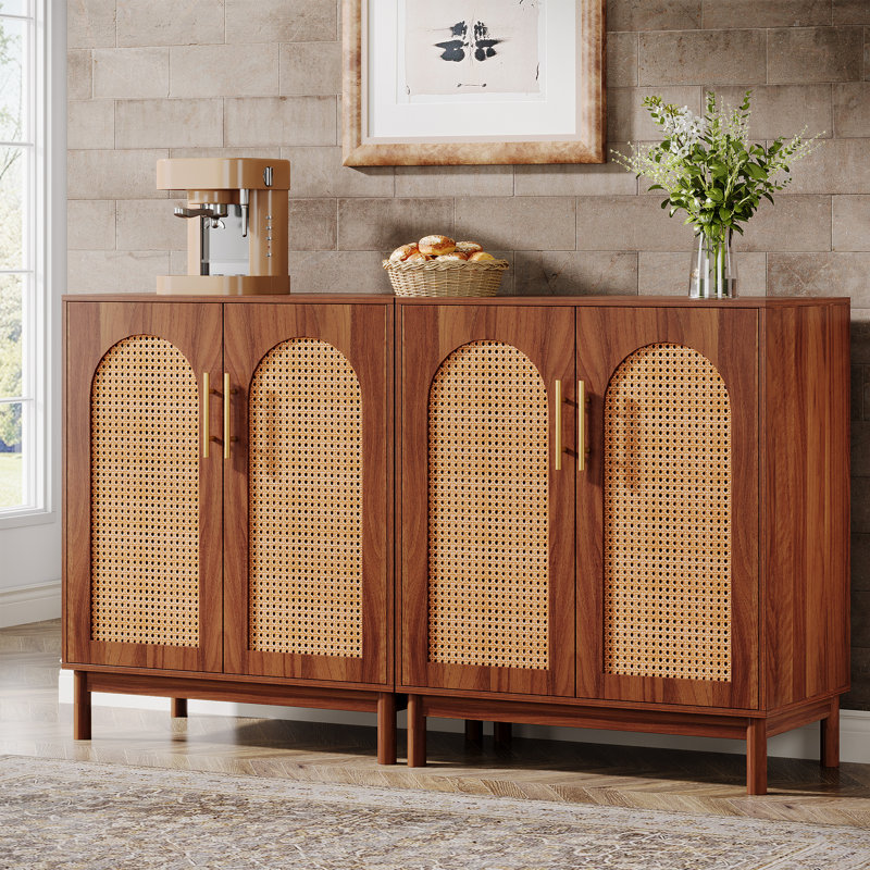 59" Rattan Sideboard, 4-door Accent Storage Cabinet For Home, Kitchen, Orange