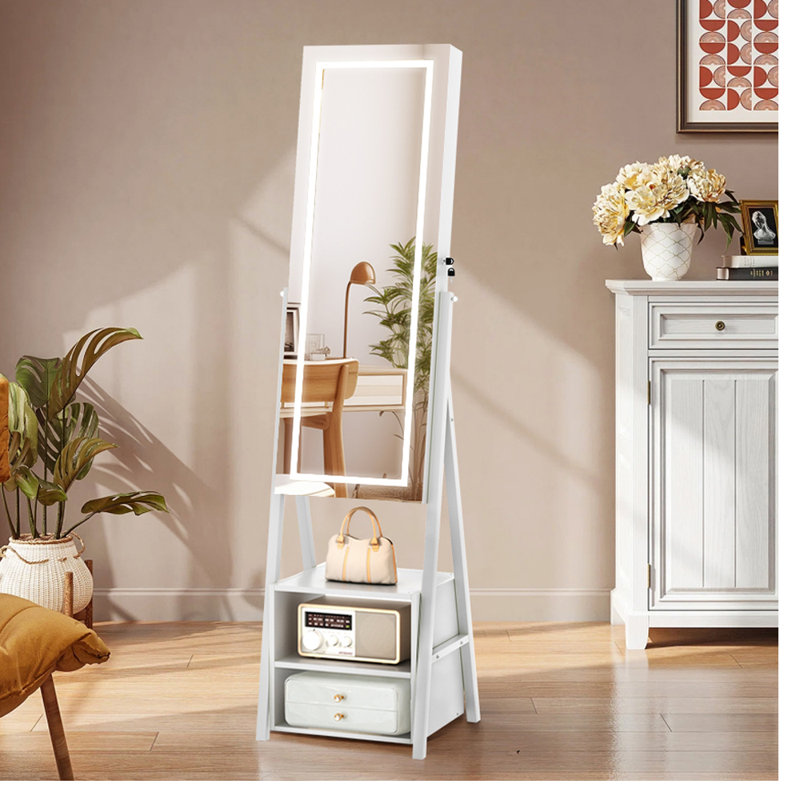 Armoire à bijoux avec miroir à DEL et armoire à bijoux verrouillable sur pied avec 2 tablettes et miroir à DEL