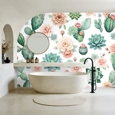 Papier peint adhésif peler et coller aquarelle Cactus Succulent Soft Pastel Desert Botanical Wall Murals H 100 po x l 144 po amovible papier mural en PVC auto-adhésif pour le salon de la chambre bureau à domicile
