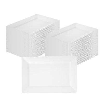 Restaurantware Rectangular Serving Plates 100 Count 9.5 x 6.25 Inch Plastic White Disposable Buffet Plates Greaseproof Elegant Dinner Plates Warm and Cold Food Friendly for Picnics, Parties