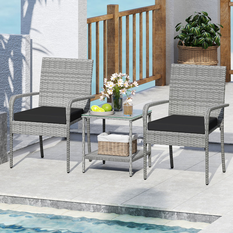  Ensemble de 3 meubles de patio en rotin PE avec chaises à 2 niveaux noir, Noir