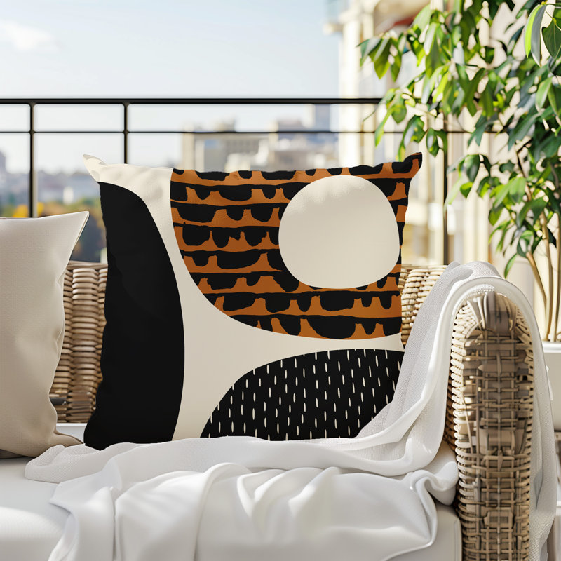 Coussin carré intérieur / extérieur pia, H 15 po x l 15 po, Orange brûlé / noir / blanc cassé