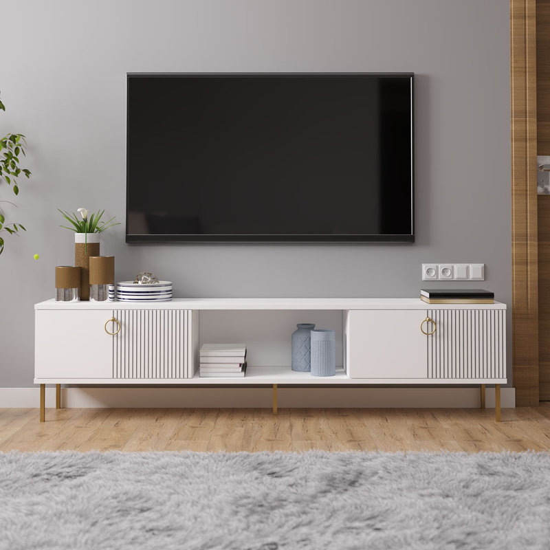 Modern White TV Stand, 70.9 x 17.7 x 11.8 Inches | 100% Melamine Coated Particle Board, Thickness: 0.7 Inches | Wall-Mountable, Geometric Design, Stylish & Functional for Living Room & Entertainment Spaces