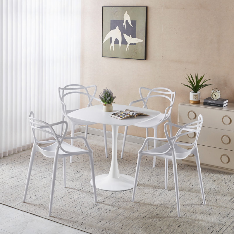 Ensemble de salle à manger 5 pièces, table de salle à manger à pieds en métal Mid-Century pour 4-6 personnes avec plateau en panneau de fibres à densité moyenne, table de salle à manger à piédestal, table basse de loisirs, ensemble