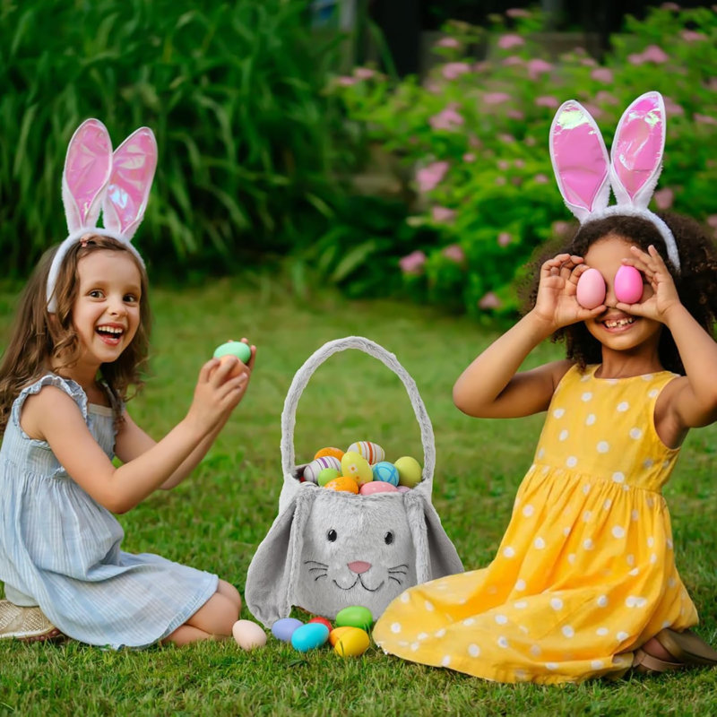 Panier de lapin de Pâques, mignons sacs de seau de Pâques avec oreilles de lapin pour la chasse aux œufs de Pâques, décorations de Pâques, rangement de cadeaux de bonbons (gris / blanc)