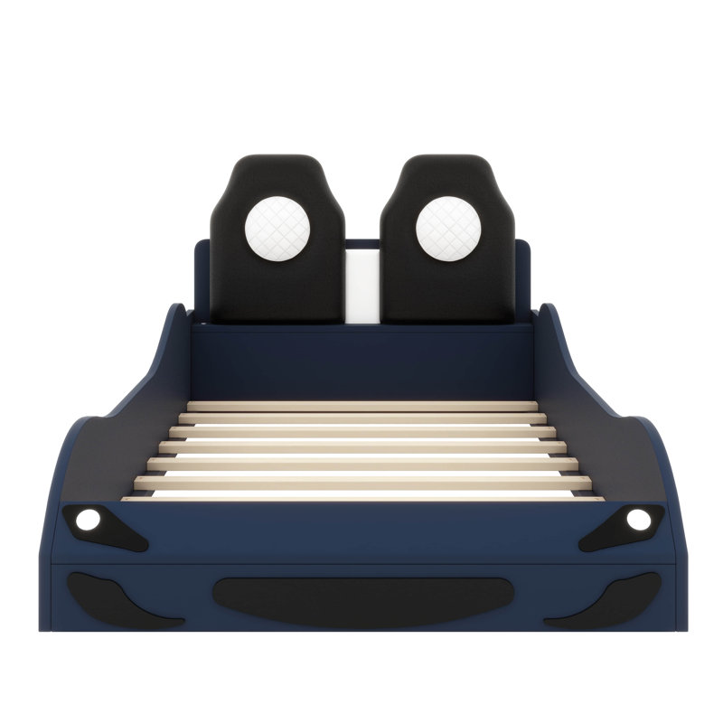 Un lit plateforme simple en bois conçu sous la forme d'une voiture de course, équipé de lumières DEL, Bleu
