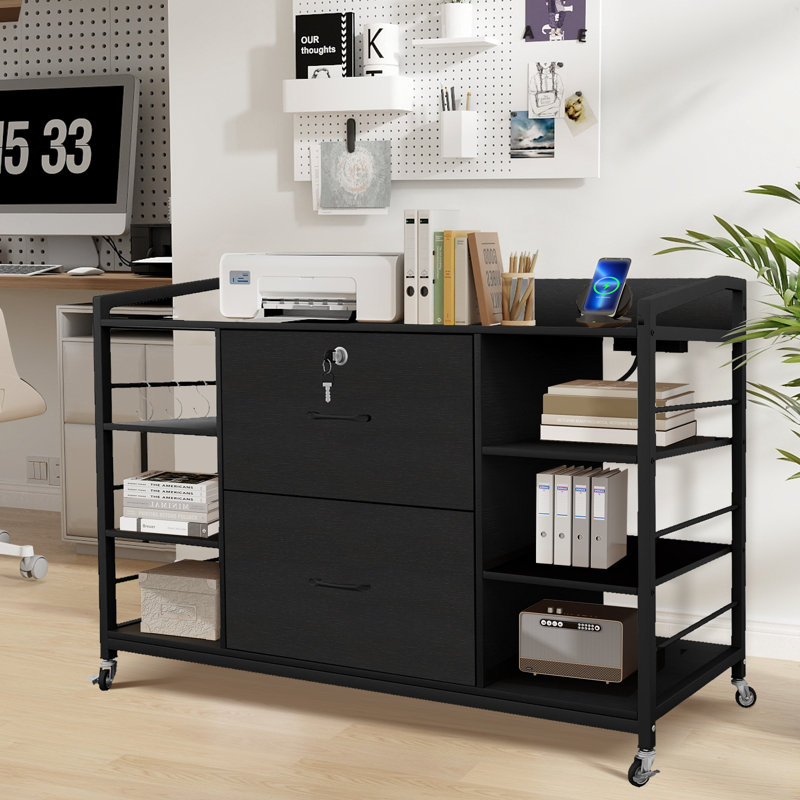 44” Locking Rolling Side File Cabinet With Storage Shelves And Drawers, Black