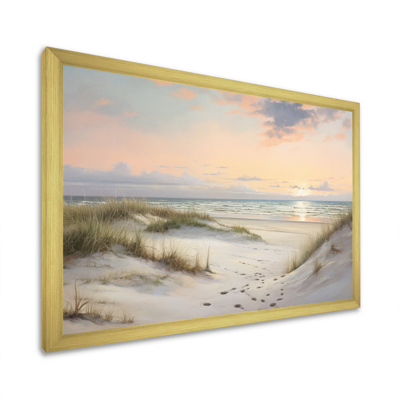 Beach Serenity - Doux rose pastel lever de soleil I - impression, Cadre doré simple, H 24 po x l 32 po x P 1 po