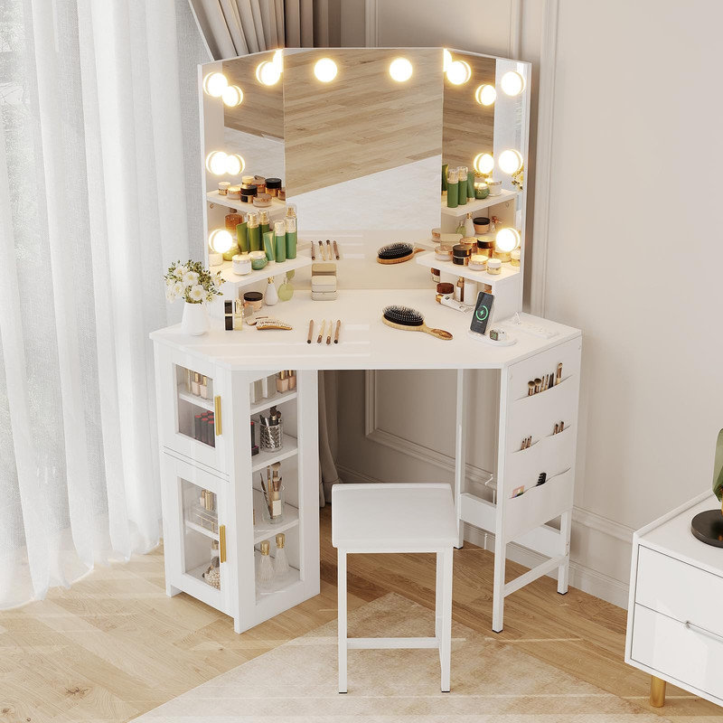 Bureau de coin avec tabouret, miroir à DEL, station de charge et armoire de rangement, White