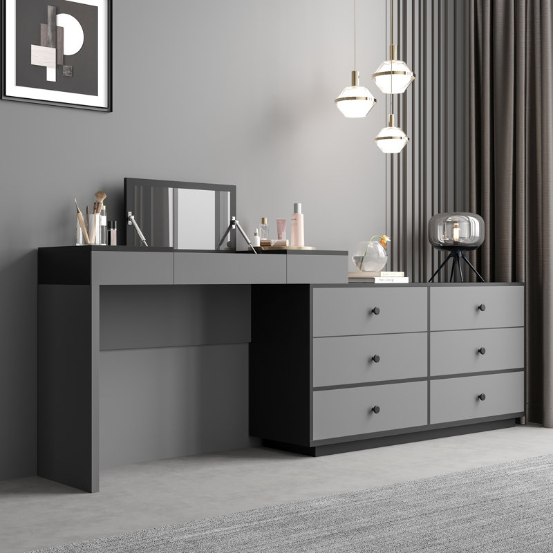 Bureau de coiffeuse en bois extensible avec miroir de maquillage et 6 tiroirs de rangement Carmavy, Gris / Noir