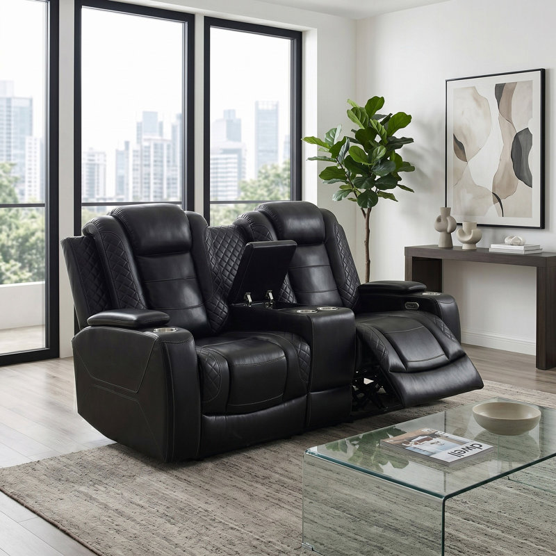 Nordelle Dark Vegan Leather  Reclining  Loveseat With Cup-Holders And LED Lights, Black