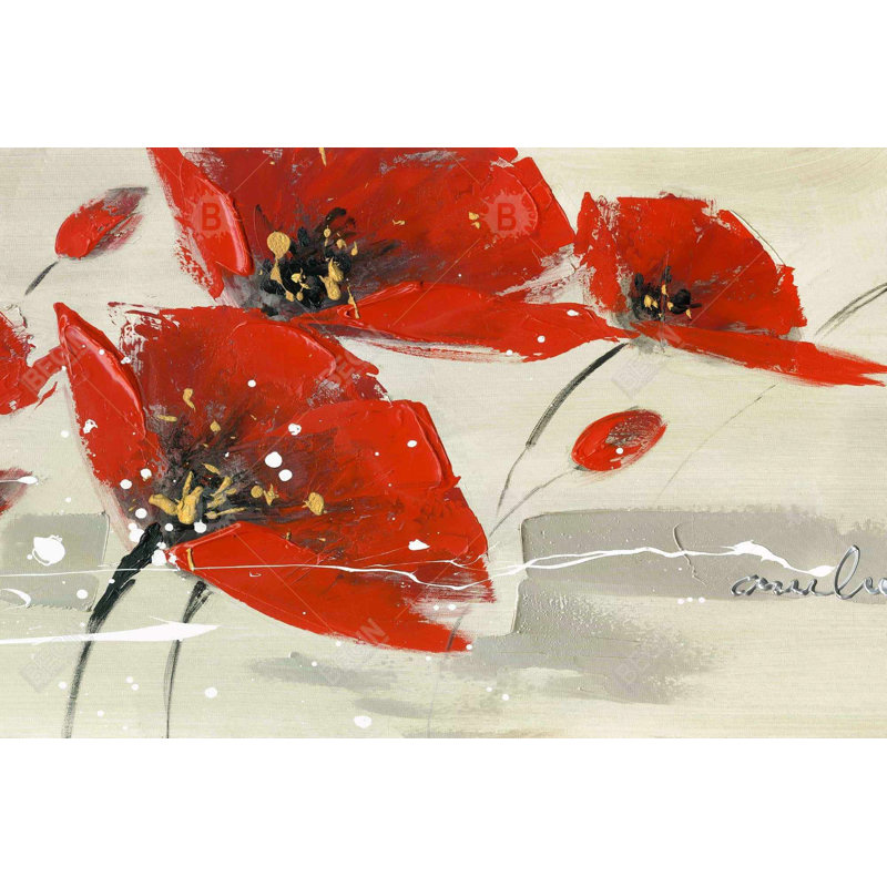 Fleurs abstraites rouges dans le vent - Décoration sur toile florale de salle de bain, H 24 po x l 36 po