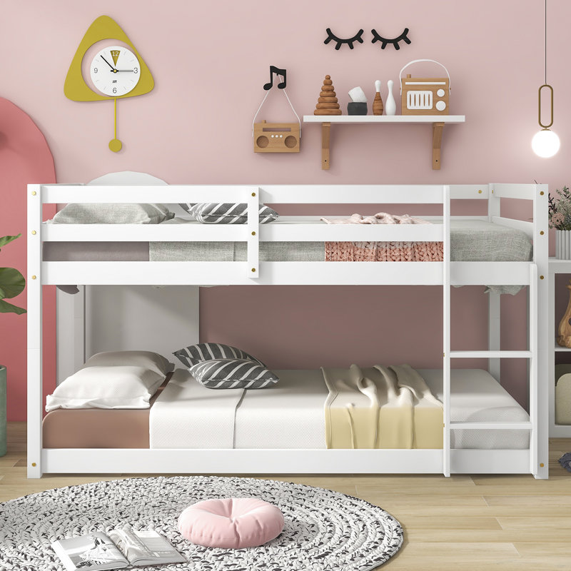 Twin Over Twin Floor Bunk Bed,Pink, Blanc