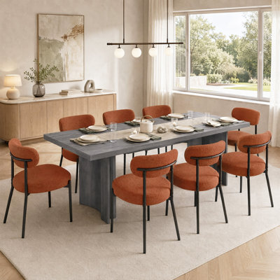 Alyria 70" Wooden Rectangular Dining Table With 8 Pcs Boucle Sherpa Dining Chairs