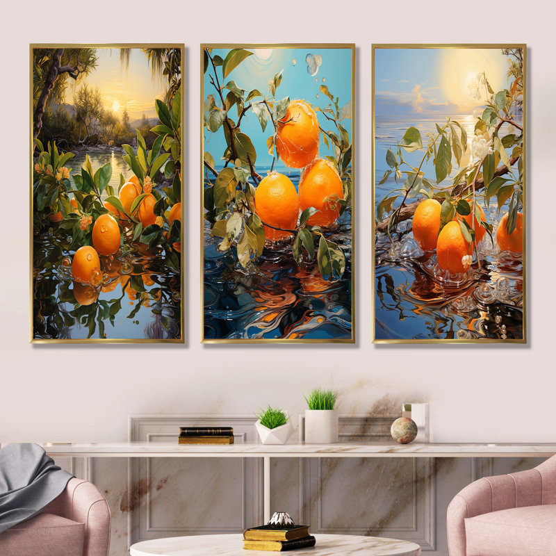 Ensemble de 4 décorations murales Sunset Sienna Tangerine Twilight, Cadre flottant doré, H 28 po x l 36 po
