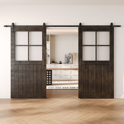 Homacer Ebony Double 36in x 80in Half Lite Grid Frosted Glass Unassembled & Finished Barn Doors with Non-Bypass Installation Hardware Kit, 13ft track, interior use only