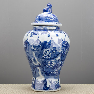 Blue and White Temple Jar with Lid