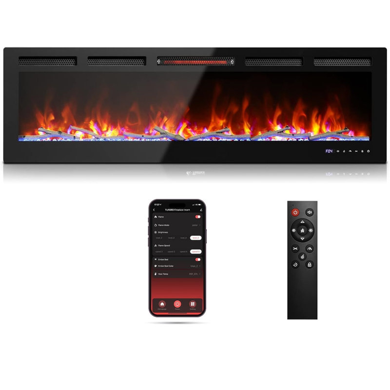 Foyer électrique encastré et mural de 60 po, foyer électrique infrarouge Smart Wi-Fi avec télécommande, couleur de flamme réglable, chauffage linéaire 750 / 1500w et foyer linéaire, noir
