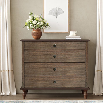 Grande commode à 4 tiroirs avec pied en bois massif, commode avec boutons de tiroir en métal, design antique pour chambre à coucher et chambre de bébé