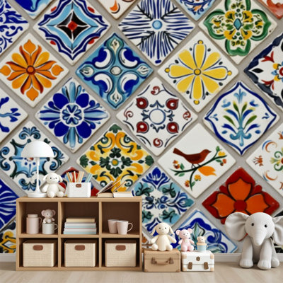 Papier peint auto-adhésif à carreaux de céramique talavera mexicain coloré H 69 po x l 96 po, papier mural amovible en PVC auto-adhésif pour chambre à coucher, bureau à domicile