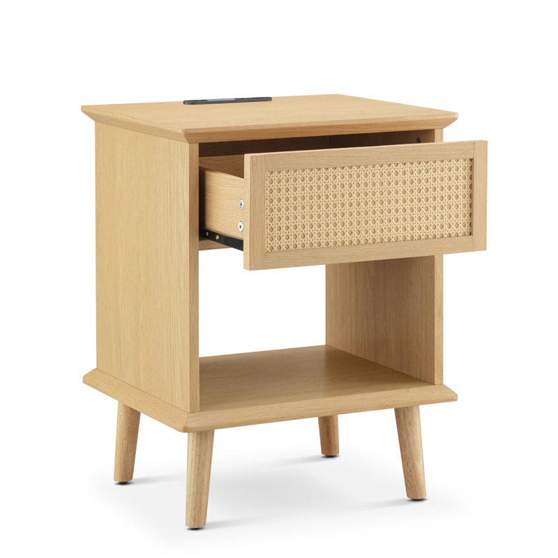 Table d'appoint Deletha en rotin avec chargement USB, table de chevet avec éclairage DEL et rangement, table de chevet avec tablette ouverte