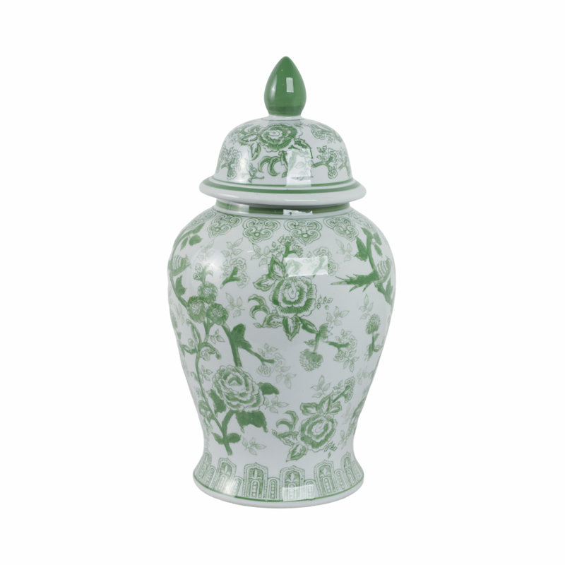 Ceramic Chinoiserie Ginger Jar Decorative Lidded Vessel in Classic Oriental Style, 18" H x 10" W x 10" D