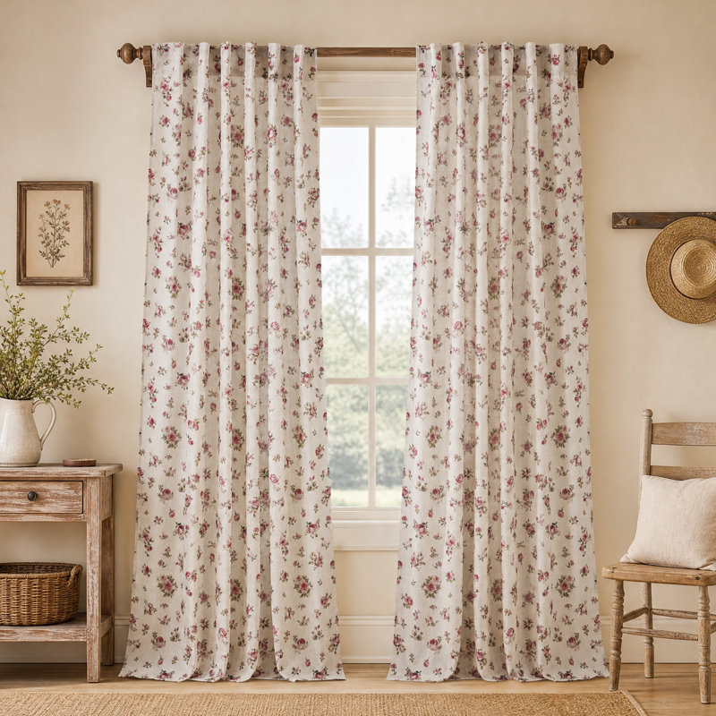 Rose Floral Linen Curtains for Living Room, Light Filtering Farmhouse Drapes Country Vintage Back Tab Window Panels for Bedroom, 2 Panels