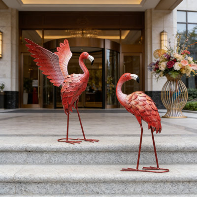 Metal Flamingo Garden Statues Set Of 2, Outdoor Yard Art With Spread And Folded Wings, Weather-Resistant Pink Lawn Sculpture For Patio, Backyard, And Garden Decor