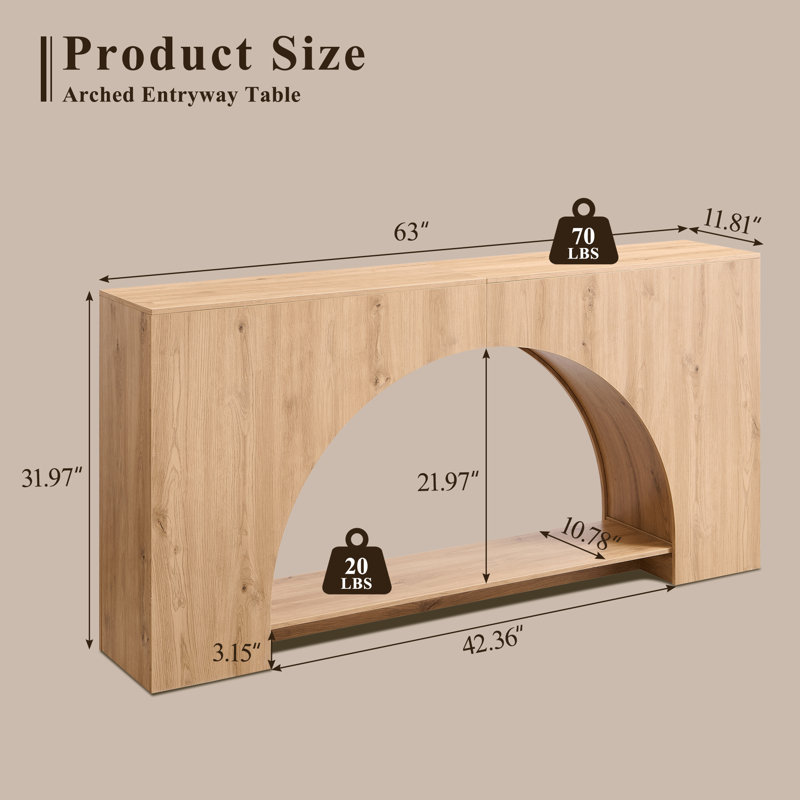 63" Arched Wood Console Table with Arched Base, 2-Tier Modern Entryway Table, Long Wood Sofa Table, Natural
