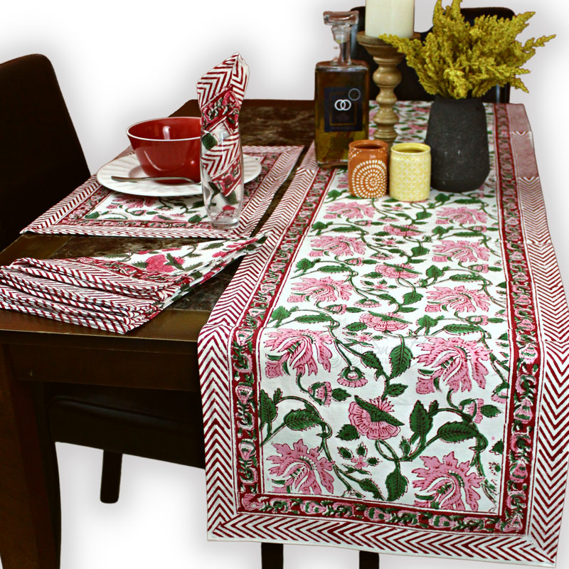 Chemin de table 100% coton fabriqué à la main à imprimé fleuri de vignes, blanc rouge (72 po x 15 po)