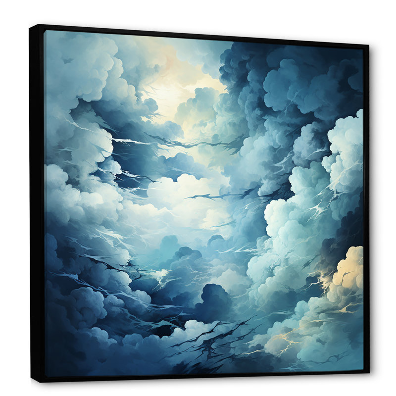Tempête de nuages bleus et blancs sur toile, Cadre flottant noir, H 36 po x l 36 po x P 1,5 po