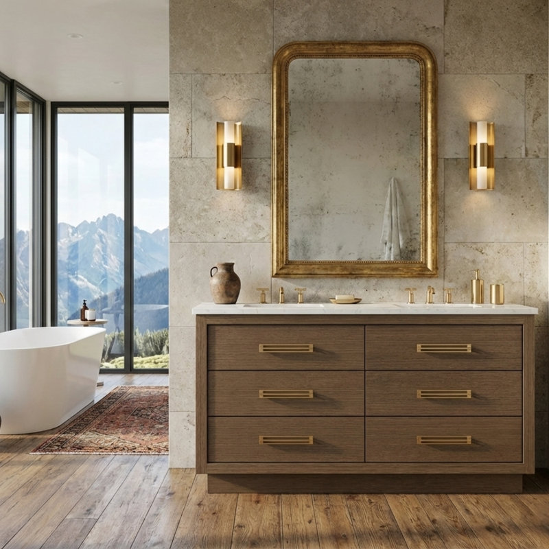 Avalon Double Drawer Bath Vanity, Smoked Modern, Satin Gold, 60"