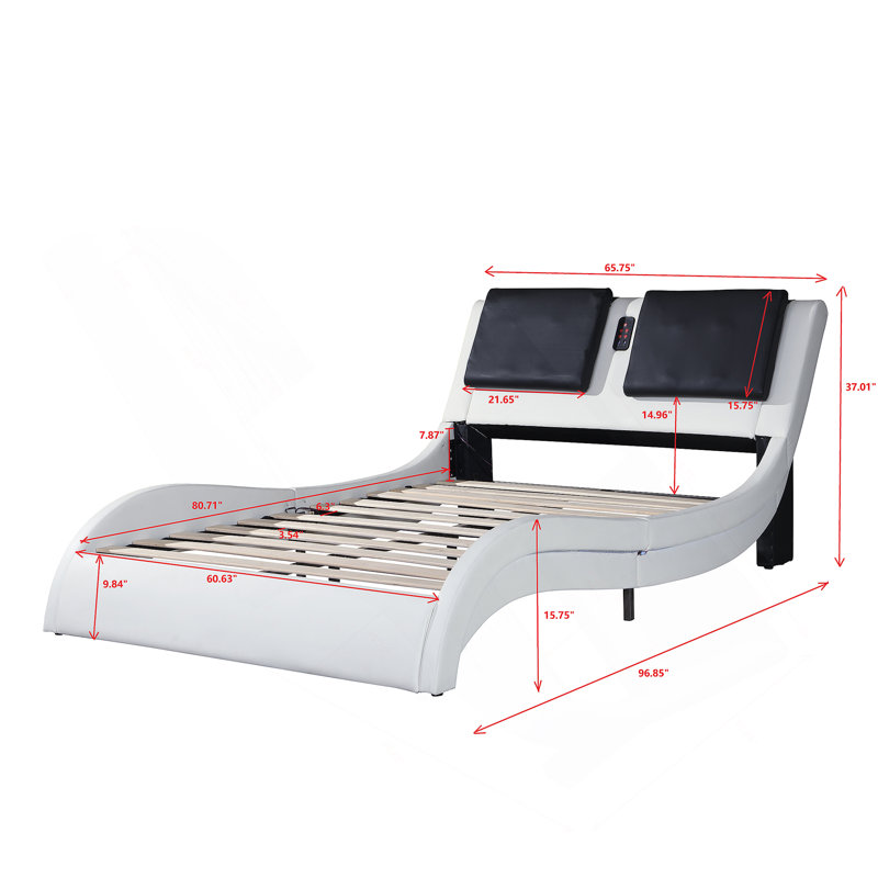 Faux Leather Upholstered Platform Bed Frame with led lighting ,Bluetooth connection to play music /RGB control,Backrest vibration massage,Curve Design, Wood Slat Support, No Box Spring Needed