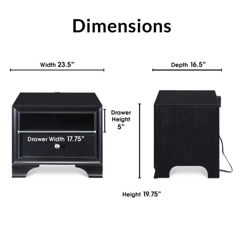 Edmond Black Wood Nightstand with USB Charging Station