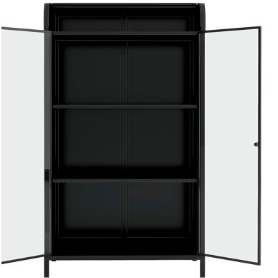 Metal Storage Cabinet with Glass Doors & Flip-Top, 4-Tier Display Cabinet with Open Shelves for Kitchen, Living Room, Home Office, Bathroom