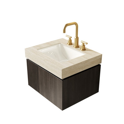 Meuble-lavabo de 24 po avec lavabo, armoire de rangement flottante en contreplaqué avec 2 portes, comptoir en pierre frittée Roma Travertine et lavabo en céramique avec 3 trous de robinet pré-percés, pré-assemblé