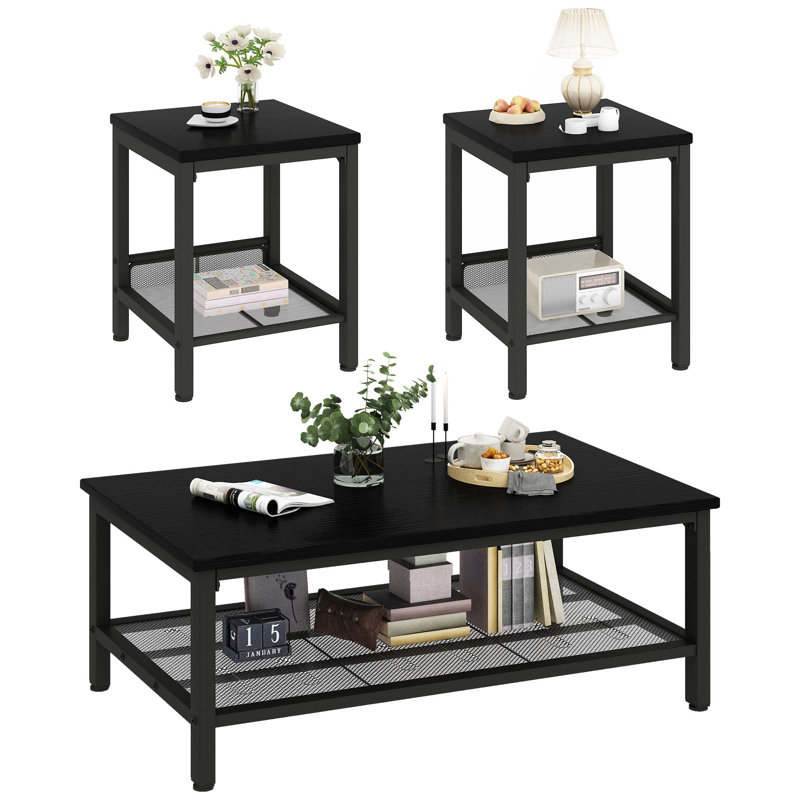 Modern Coffee Table Set of 3, 3-Piece Living Room Coffee Table Set with 2 End Table & 1 Tea Table, Space-Saving Coffee Table with MBF Broad & Metal Frame for Apartment, Black