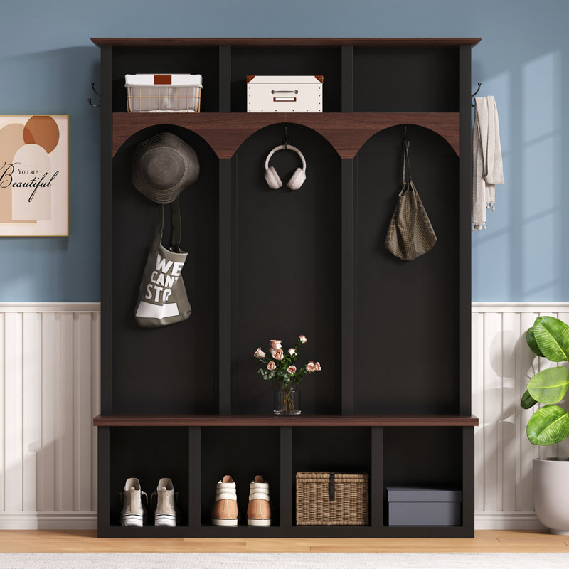 Arched Design Wooden Hall Tree with Storage Bench with 5 Black Hooks, Black