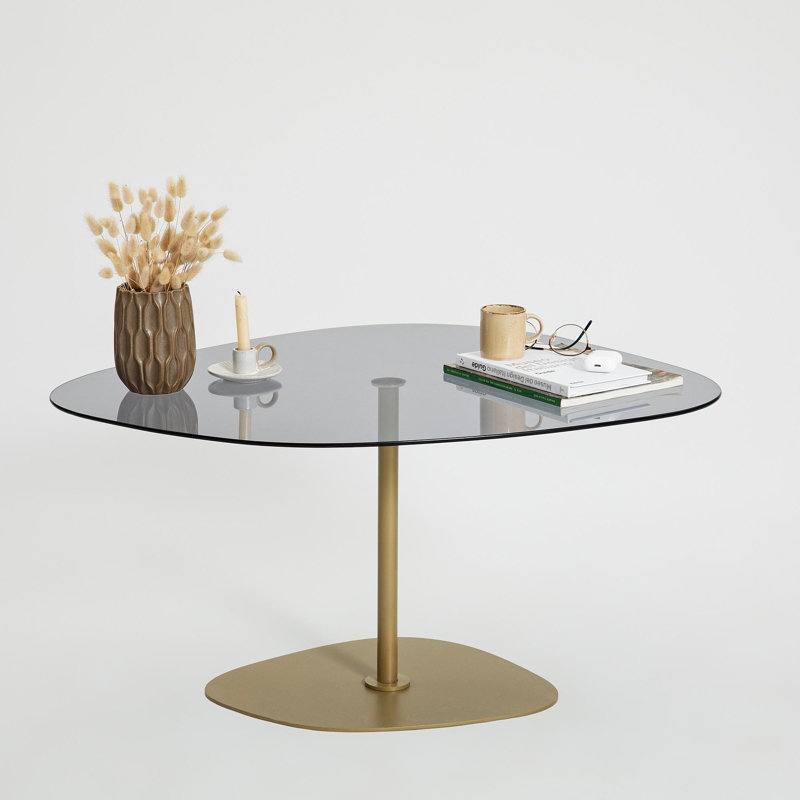 Modern Coffee Table with Tempered Glass Top, Dark Grey & Gold, 33.5 x 15.7 x 26.4 inches | Sturdy Metal Legs, Disassembled for Easy Assembly | Stylish Design for Living Room & Lounge Spaces, Elegant & Functional